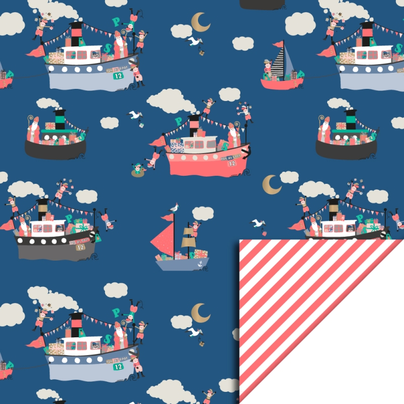 Inpakpapier Pakjesboot Blauw - Streep Oranje FLour